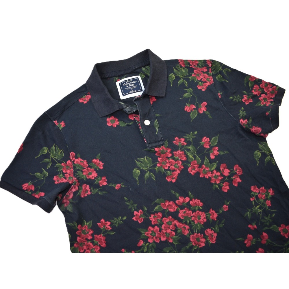 Abercrombie & Fitch Mens Navy Pink Floral Stretch Polo Shirt Small Short Sleeve